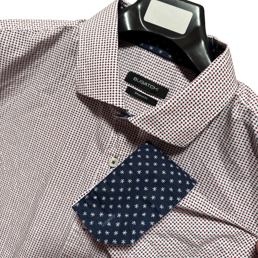 BUGATCHI Mens Dress‎ Shirt 2XL Shaped Fit Flip Cuff Red Blue Micro Diamond AOP